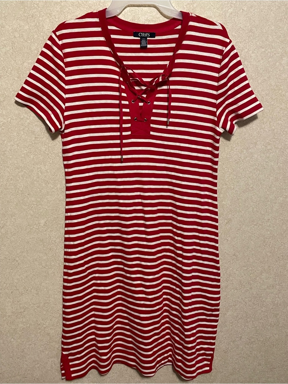 Chaps Red & White Striped Lace-Up Knit Dress